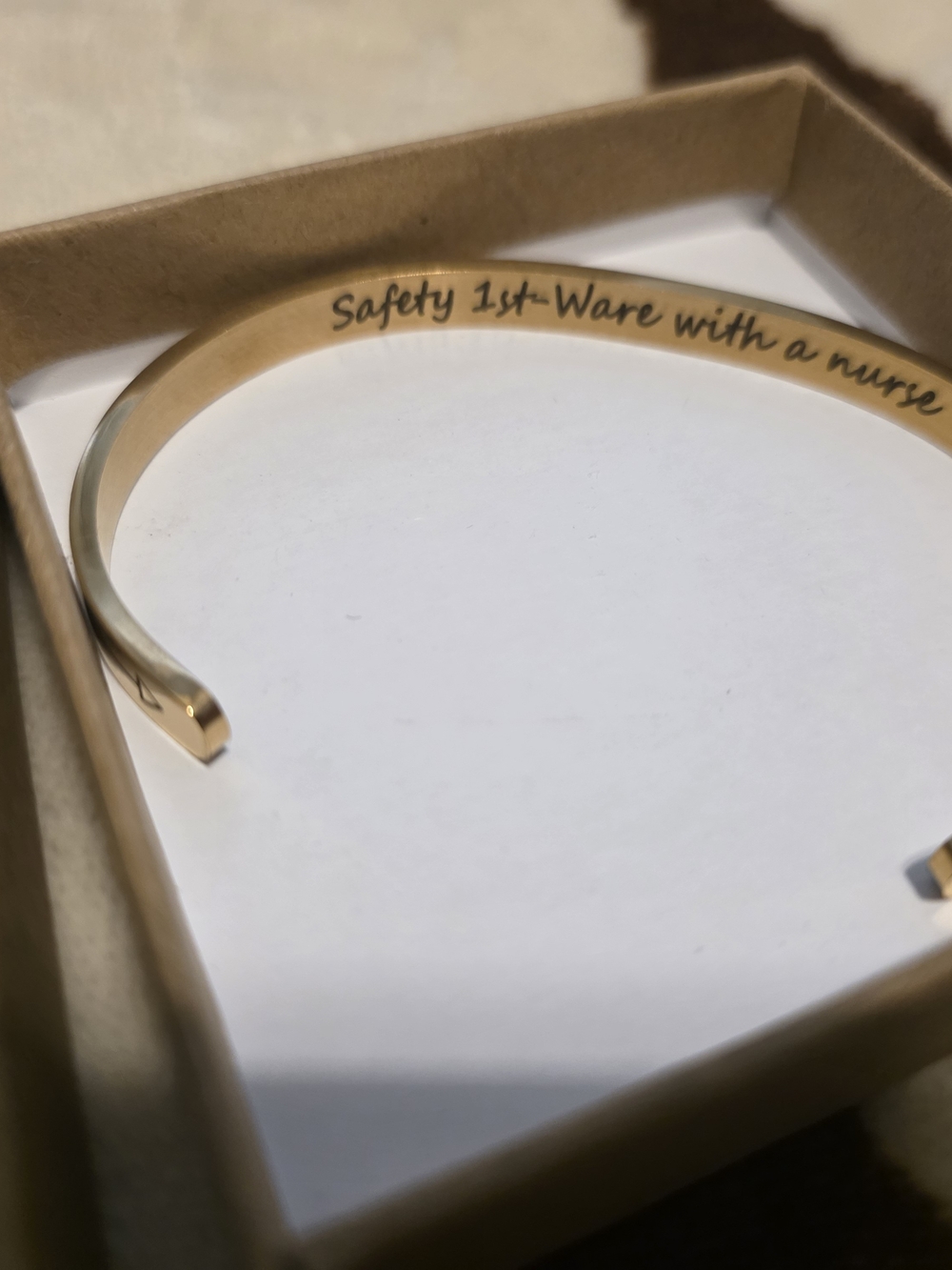 Gold-Tone Engraved Open Cuff Bracelet - Safety 1st Ware With A Nurse Accent